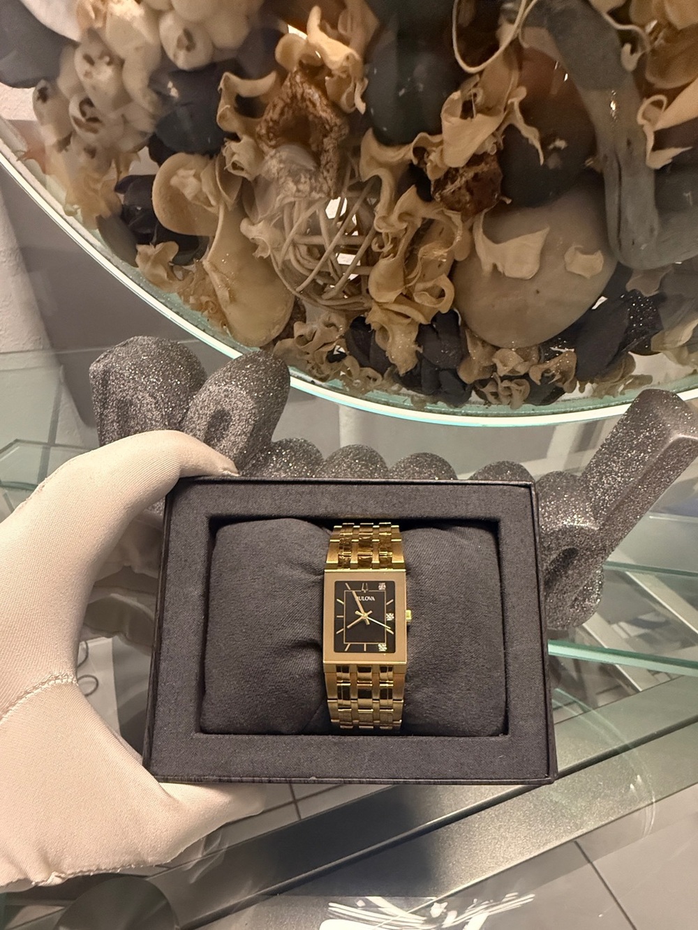 Women’s Bulova Gold-Tone Bracelet Watch with Black Rectangular Dial